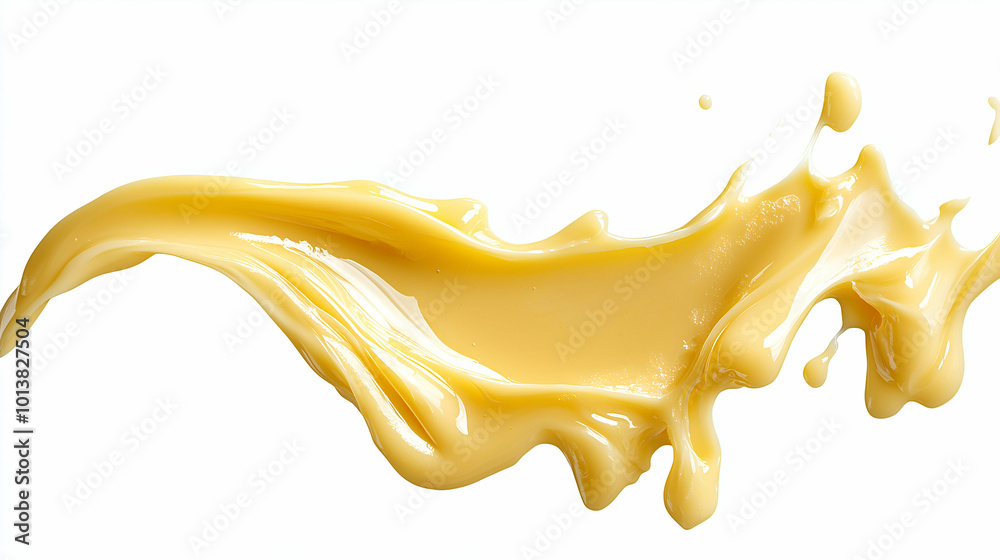 A dynamic splash of smooth yellow liquid captured in motion. The creamy texture flows effortlessly across the white background, creating a vibrant and captivating visual.
