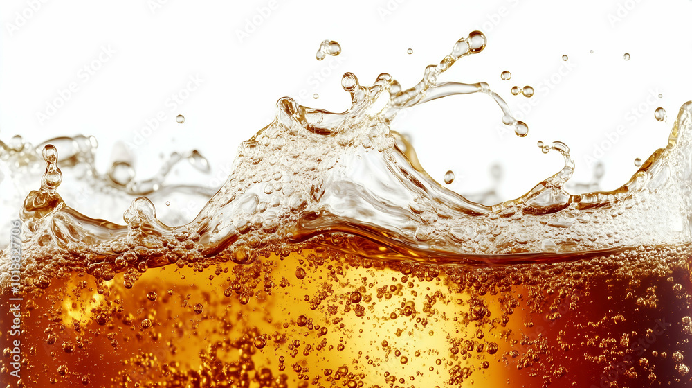 A close-up shot of a carbonated drink as it splashes, with vibrant golden bubbles rising to the surface. The dynamic liquid movement and fizzing bubbles are highlighted against a white background.