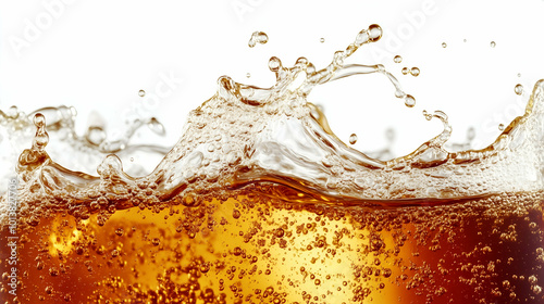 Obraz na płótnie A close-up shot of a carbonated drink as it splashes, with vibrant golden bubbles rising to the surface. The dynamic liquid movement and fizzing bubbles are highlighted against a white background. w salonie