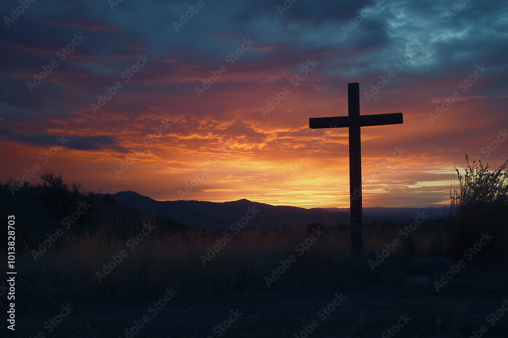 Cross at Sunset with Silhouette Against Dramatic Sky, Christian Faith Symbol in Peaceful Evening Scene, Glowing Horizon Cross at Sunset with Silhouette Against Dramatic Sky, Christian Faith Symbol in Peaceful Evening Scene, Glowing Horizon