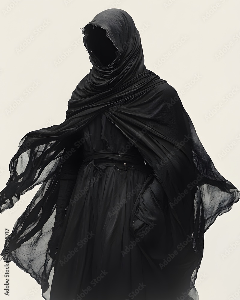 Headless horseman costume with a dark flowing cape and a headless neckline, isolated on white Headless horseman costume with a dark flowing cape and a headless neckline, isolated on white