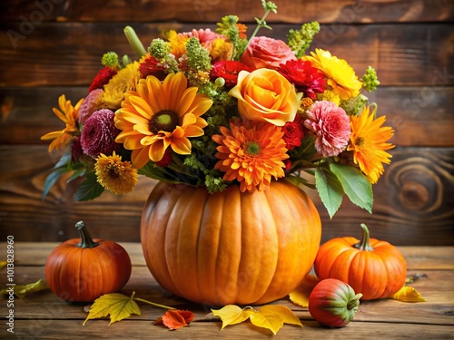 Seasonal fall decoration with pumpkin vase and flower arrangement suitable for fall holidays such as Thanksgiving and Halloween