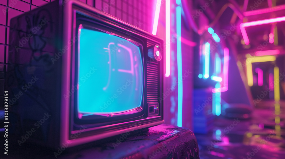 A neon colored room with a retro design television on a stand and a plant in a vase. A neon colored room with a retro design television on a stand and a plant in a vase.