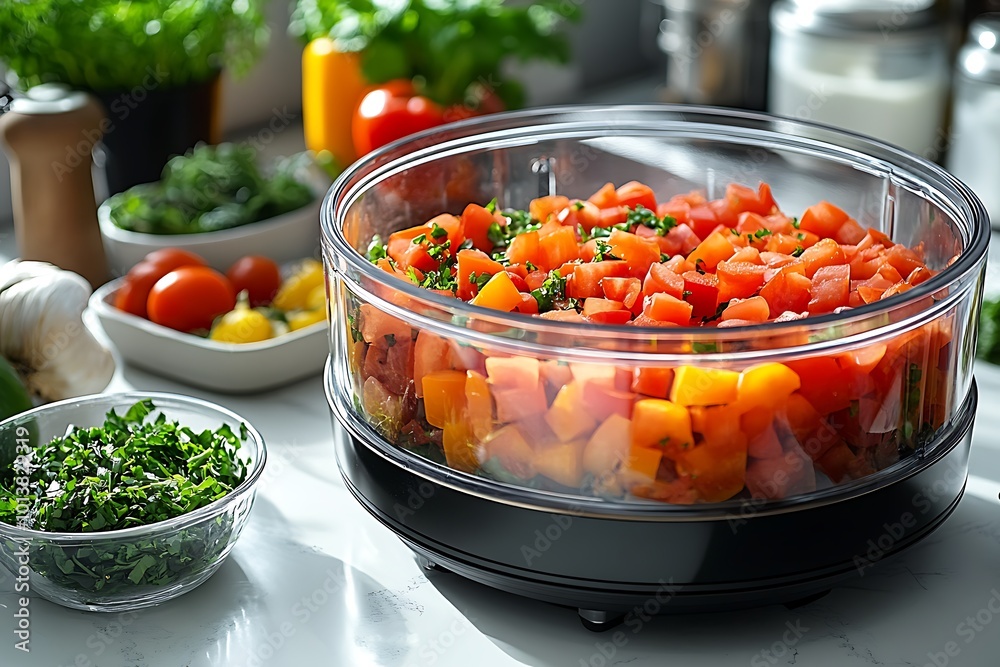 Chopped Tomatoes and Yellow Bell Peppers in a Glass Food Processor Bowl Chopped Tomatoes and Yellow Bell Peppers in a Glass Food Processor Bowl