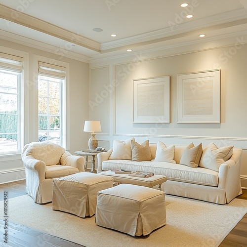 A comfortable living room space featuring a neutral palette, plush furnishings, soft lighting, and cozy decorative touches for relaxation and warmth. photo