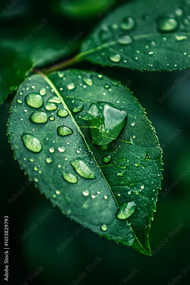 Close up of green leaves with raindrops, fresh dew after rain in a lush garden