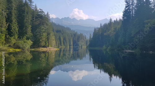 A serene mountain lake surrounded by tall pine trees, reflecting the surrounding mountain range