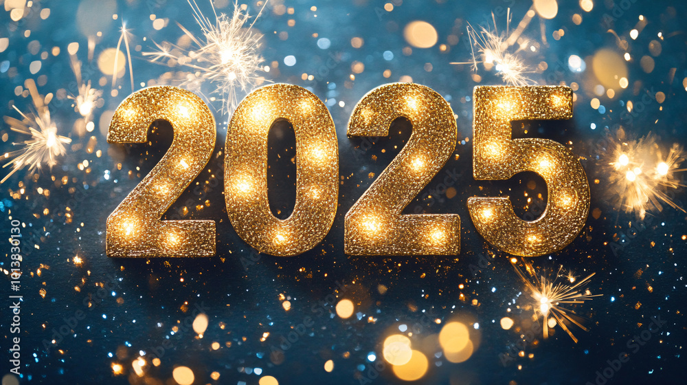 Golden number 2025 and fireworks on blue sparkle and glitter bokeh background. Merry Christmas and Happy New Year celebrating winter holiday background. Golden number 2025 and fireworks on blue sparkle and glitter bokeh background. Merry Christmas and Happy New Year celebrating winter holiday background.