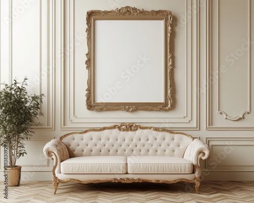 This image shows an opulent interior featuring a tufted sofa and an elaborate empty picture frame with lush elegance. photo