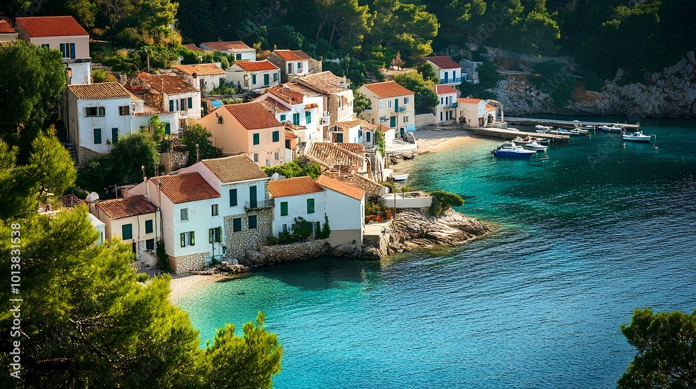 Fototapeta premium A picturesque coastal village with colorful houses overlooking a serene turquoise bay surrounded by lush greenery.