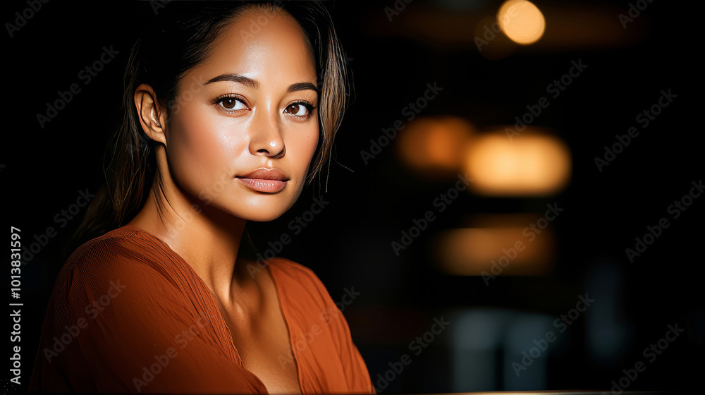 This captivating portrait features a woman with a serene expression, bathed in soft indoor lighting. Her elegance and calm demeanor create a warm atmosphere. This captivating portrait features a woman with a serene expression, bathed in soft indoor lighting. Her elegance and calm demeanor create a warm atmosphere.