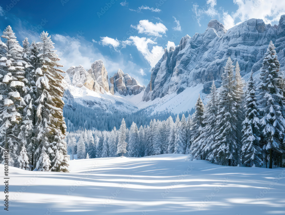 A snowy landscape with tall pine trees blanketed in white, and mountains towering in the distance A snowy landscape with tall pine trees blanketed in white, and mountains towering in the distance