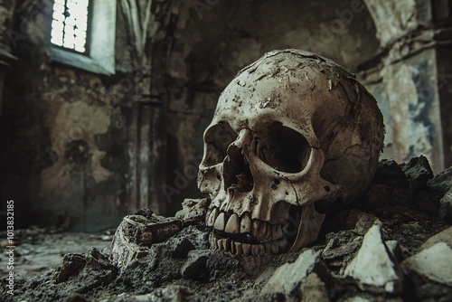 Human Skull in Ruins