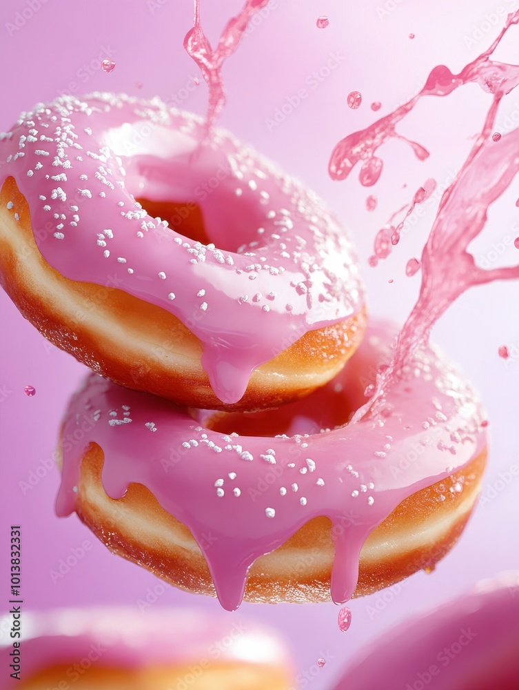 Delicious Pink Iced Doughnuts with Sprinkles and Splash