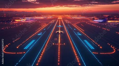 A vibrant aerial view of an illuminated runway at sunset, showcasing colorful lights leading to an aircraft preparing for takeoff.