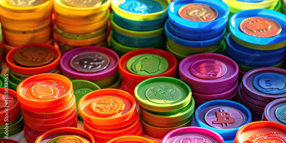 A child's collection of brightly colored plastic coins, sorted by size and color, teaching the value of money through play. A child's collection of brightly colored plastic coins, sorted by size and color, teaching the value of money through play.