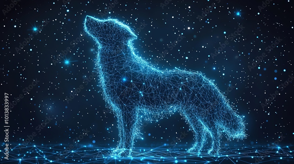 A translucent dog adorned with a radiant, glowing aura emerges from an intricate web of blue light, set against a starry backdrop, suggesting ethereal themes. A translucent dog adorned with a radiant, glowing aura emerges from an intricate web of blue light, set against a starry backdrop, suggesting ethereal themes.