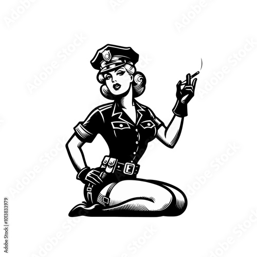 retro cartoon young police woman smoking. Monochrome vector isolated illustration. Pinup girl