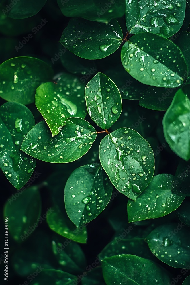 Obraz premium Green Leaves with Water Droplets Abstract Background Texture