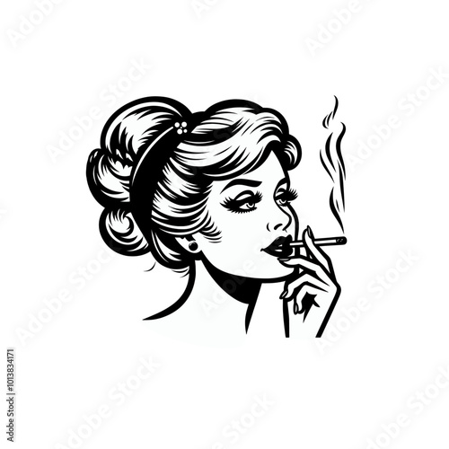retro cartoon young woman smoking. Monochrome vector isolated illustration