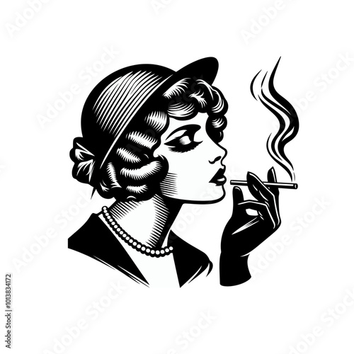 retro cartoon young woman smoking. Monochrome vector isolated illustration