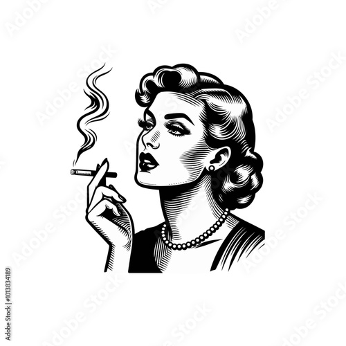 retro cartoon young woman smoking. Monochrome vector isolated illustration