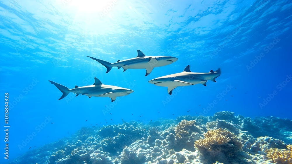 Graceful Sharks Swimming in Harmony Over Vibrant Coral Reefs - Serene Underwater Scene with Soft Light and Shadows in the Deep Ocean