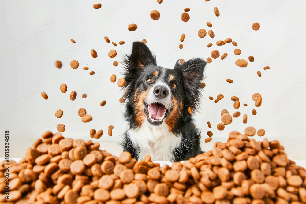 A Border Collie catching a dry dog treat mid-air in a studio, highlighting the treats natural flavor and reward value