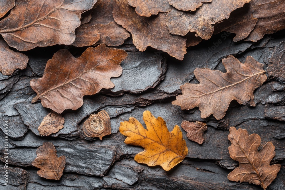 Closeup of Oak Bark and Leaves on a Dark Surface Closeup of Oak Bark and Leaves on a Dark Surface