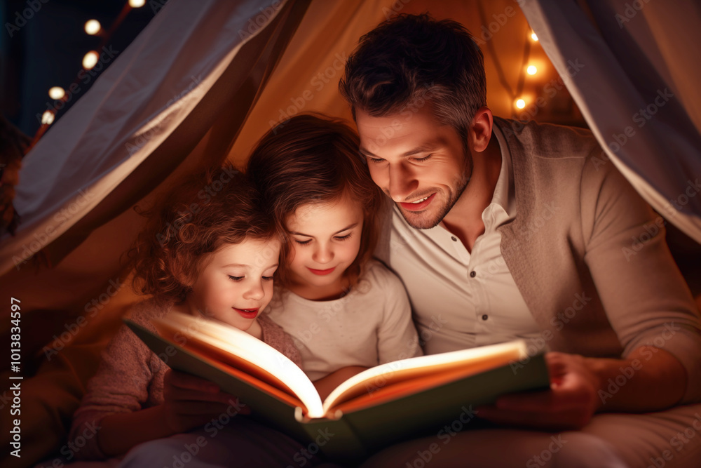 warmth of family bonding as the father reads a bedtime story to his delighted daughters warmth of family bonding as the father reads a bedtime story to his delighted daughters