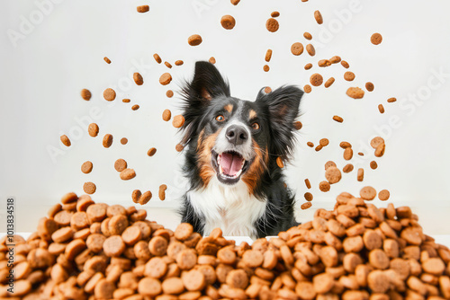Obraz na płótnie A Border Collie catching a dry dog treat mid-air in a studio, highlighting the treats natural flavor and reward value w salonie