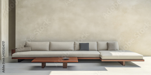 Modern minimalist living room with a light-colored sofa and wooden coffee table in a serene space