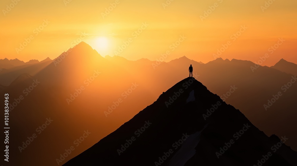 Silhouette of a person standing on the peak of a mountain during sunrise, with the sun casting a warm glow over the surrounding peaks Silhouette of a person standing on the peak of a mountain during sunrise, with the sun casting a warm glow over the surrounding peaks