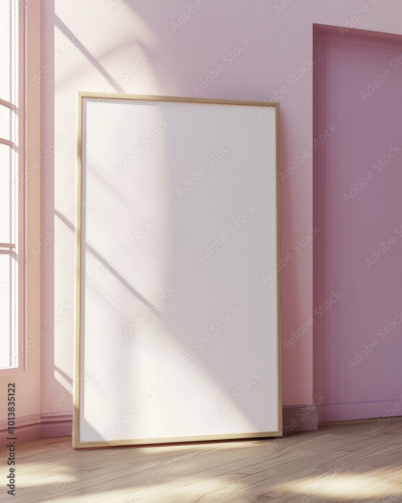 A bright, minimalist pink room features a large empty frame leaned against a wall, illuminated by soft sunlight. A bright, minimalist pink room features a large empty frame leaned against a wall, illuminated by soft sunlight.