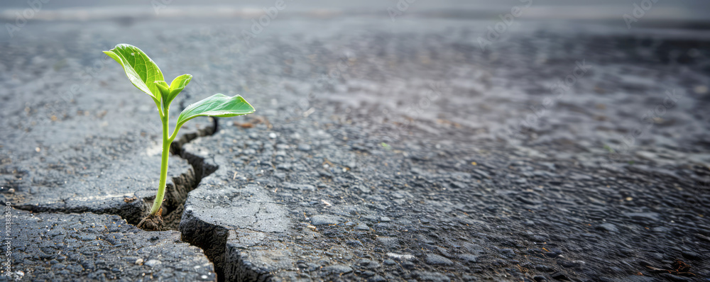 A tree seedling emerging from a cracked surface, representing growth, sustainability, and ecological revival