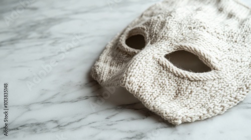 Close-up of knitted mask on marble surface