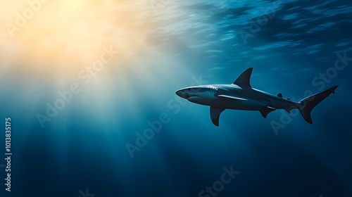 Wallpaper Mural Majestic Shark Silhouette in Deep Blue Ocean - Captivating Motion Blur and Dramatic Lighting Showcasing Aquatic Grace Beneath the Waves Torontodigital.ca