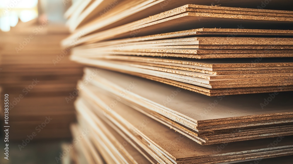 Stacked sheets of plywood showcasing the texture and grain of the wood, ideal for construction and design projects. Stacked sheets of plywood showcasing the texture and grain of the wood, ideal for construction and design projects.
