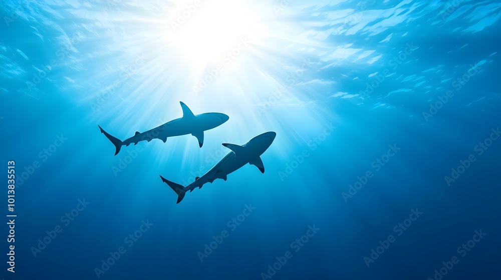 Naklejka premium Majestic Shark Silhouettes in Dark Underwater Canyon - Ethereal Light Reveals Shadows of the Deep Sea Captivating Ocean Wildlife Scene