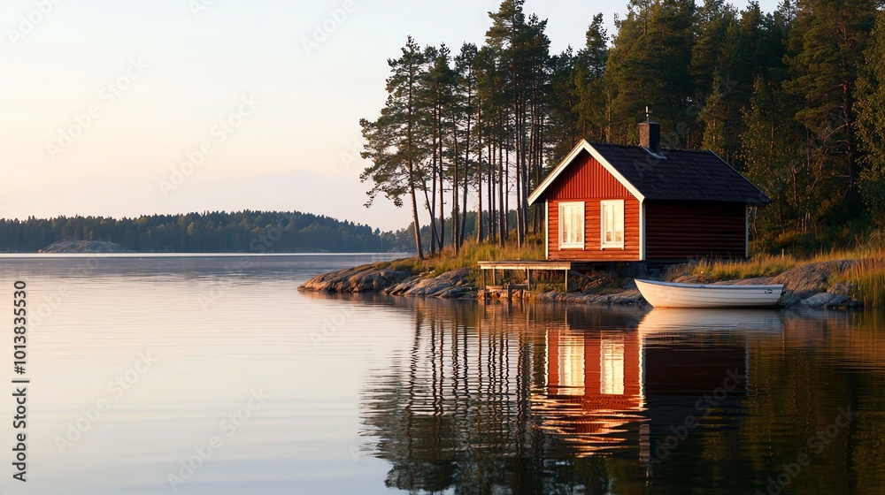 Fototapeta premium Serene lakeside cabin reflection at sunrise, surrounded by trees and calm waters.