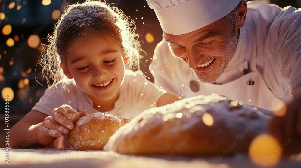 Naklejka premium Joyful Baking Moments Between Child and Chef