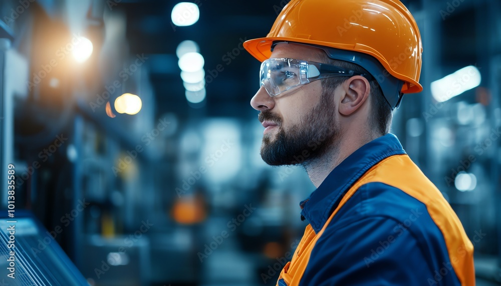 Profile view of a male engineer wearing safety gear, working attentively in a modern industrial setting. Profile view of a male engineer wearing safety gear, working attentively in a modern industrial setting.