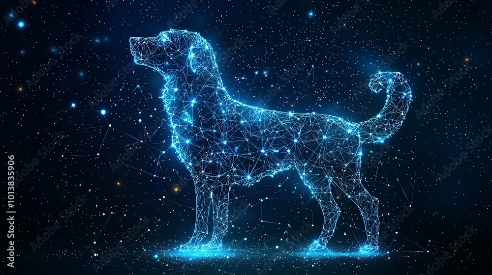 A dog silhouette composed of glowing interconnected lines stands majestically against a cosmic night sky, embodying celestial and mystical themes in digital art form. A dog silhouette composed of glowing interconnected lines stands majestically against a cosmic night sky, embodying celestial and mystical themes in digital art form.