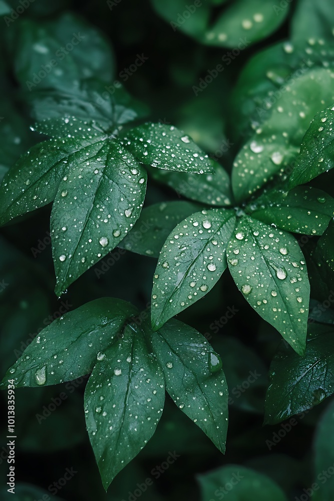 Fototapeta premium Close up of dewy green leaves in nature, Freshness and rain concept