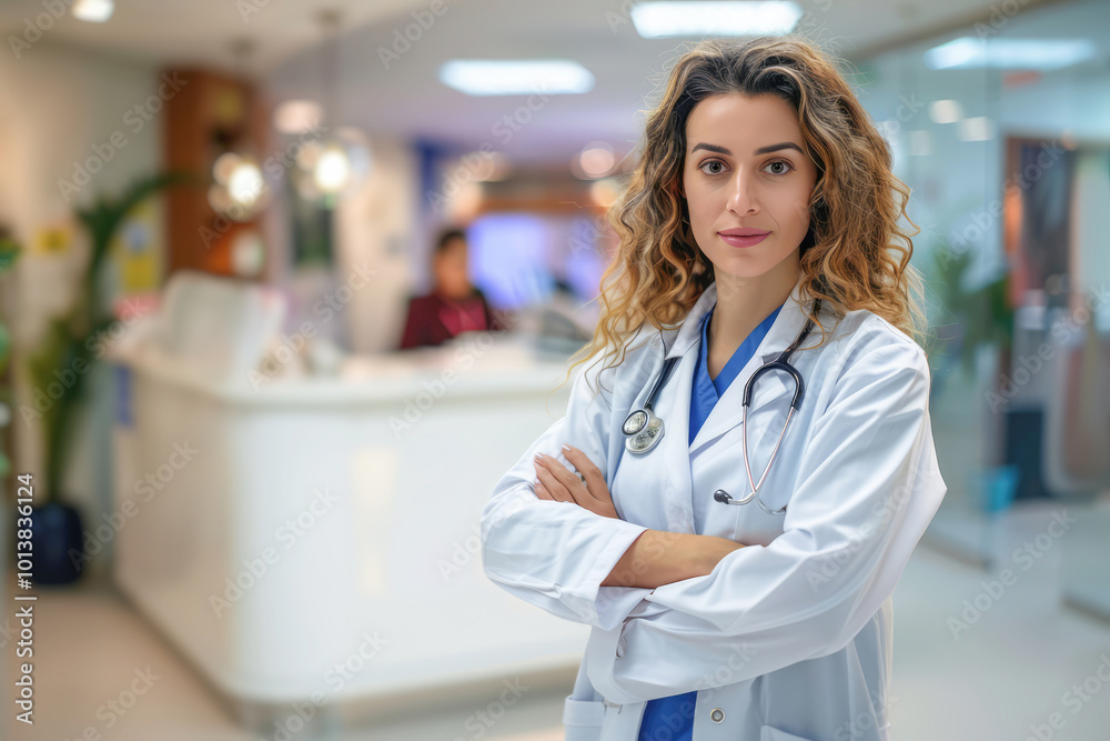 A young female doctor in a white coat, confidently holding a stethoscope in her clinic, representing professionalism in healthcare