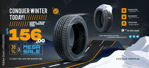 Tyre banner. Landscape. Winter sale tyre. 