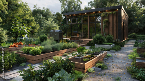 A tiny home surrounded by a functional edible garden with raised beds, herbs, and fruit trees