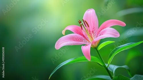 Pink Lily Flower with Green Leaves on Black Background