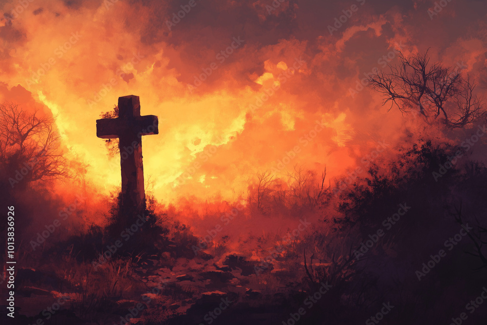 Cross at Sunset with Silhouette Against Dramatic Sky, Christian Faith Symbol in Peaceful Evening Scene, Glowing Horizon