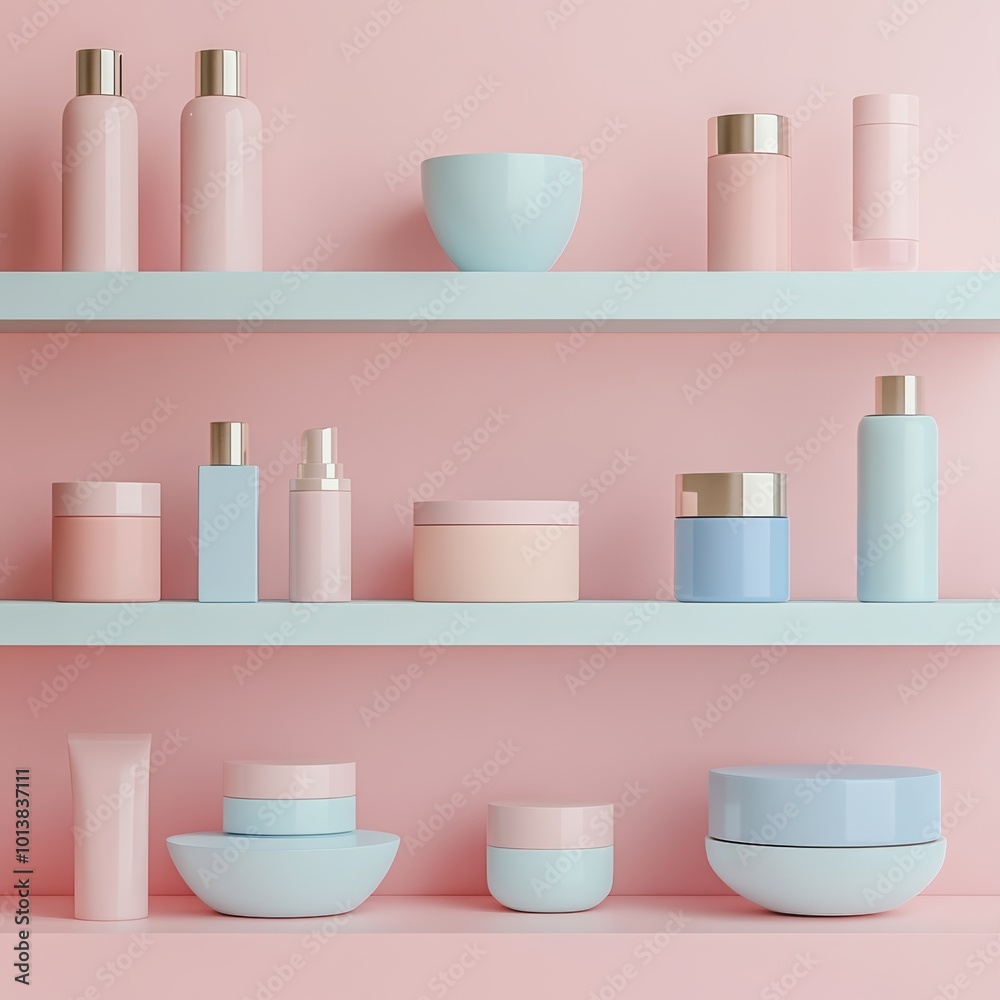 Cosmetics on a pink shelf. 3d render. Vector illustration. Cosmetics on a pink shelf. 3d render. Vector illustration.